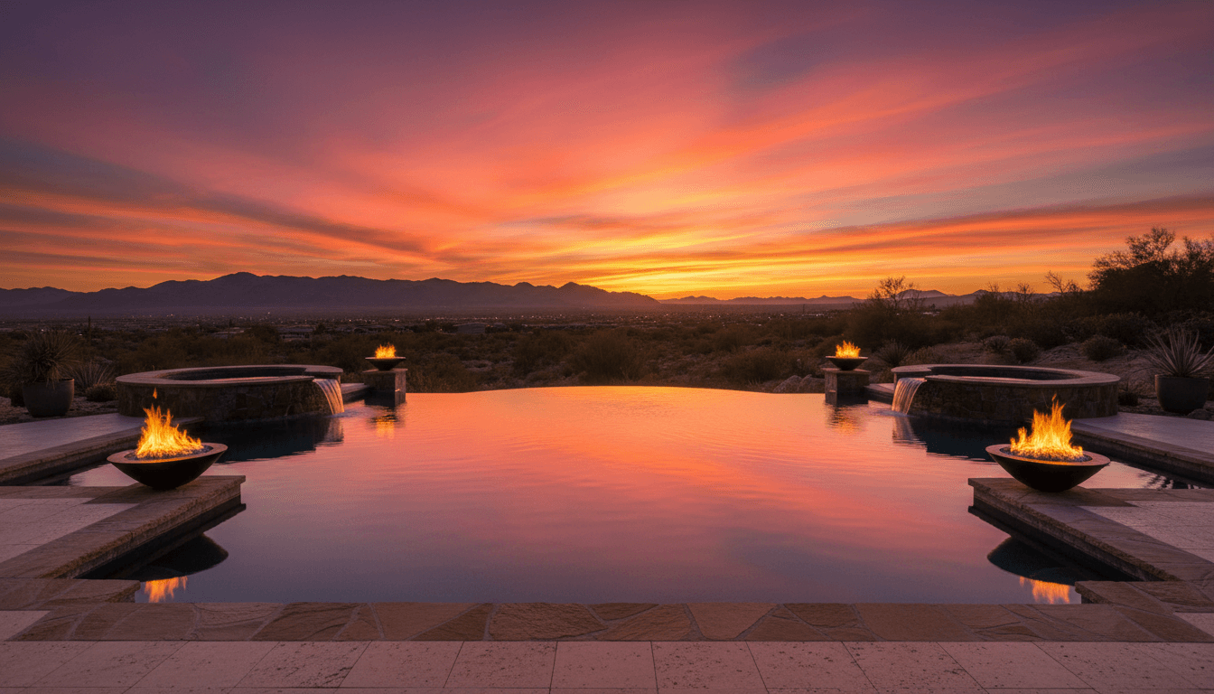 Luxury infinity pool with spa at Arizona sunset